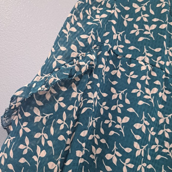 LOFT Small Teal Green Leaf Print Ruffle Chiffon Blouse Long Sleeve Top - Picture 5 of 7